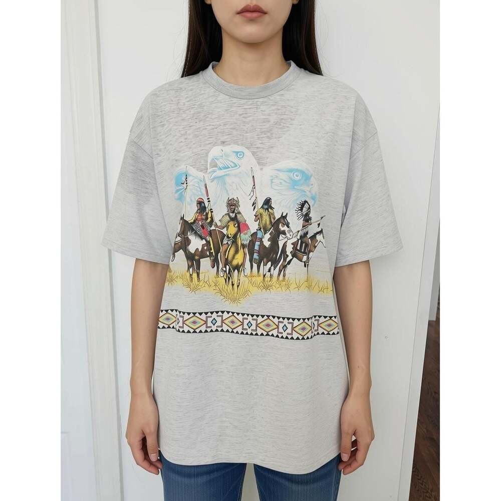 Vintage 1991 Habitat Native American Horses Graphic T-Shirt Grey L